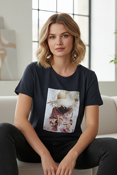 OEM Tricou de damă, imprimeu grafic „Feminine” cu pălărie de paie, TG-11