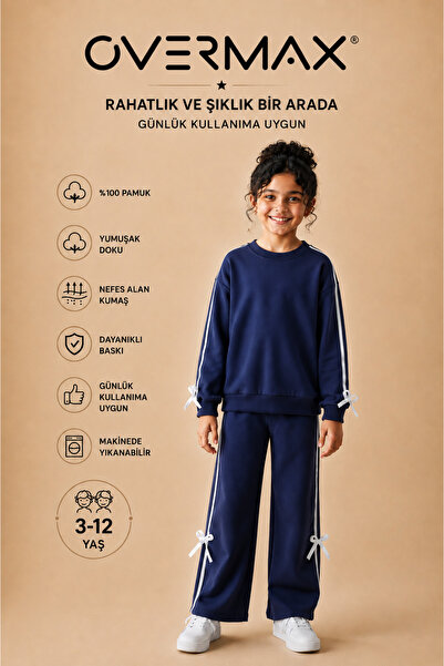 OVERMAX Girl's Striped and Bow Detailed Tracksuit Set – Ages 3-12