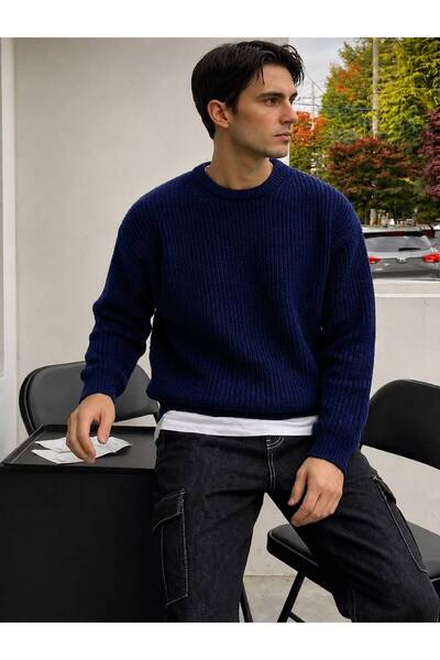 threeoff Men's Oversize Thessaloniki Knitted Sweater Crew Neck Thick Textured...