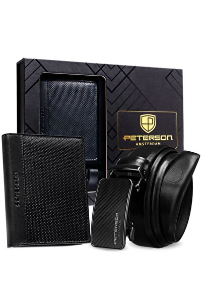 Peterson Set portofel și curea din piele naturală, pentru bărbați, cadou, negru