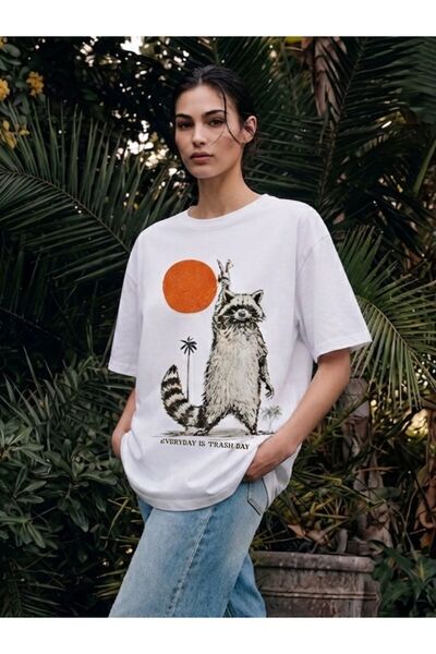 Flubutik White Raccoon Print Cotton Oversize T-Shirt