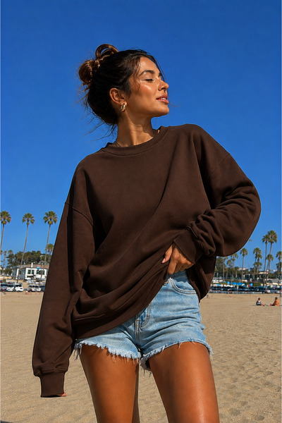 BW Bravely Wear Women's Brown Crew Neck Plain Unprinted Oversize Sweatshirt