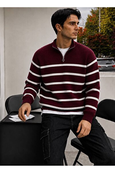 threeoff Men's Striped Knitwear Sweater Half Zipper Stand Collar Regular Fit ...