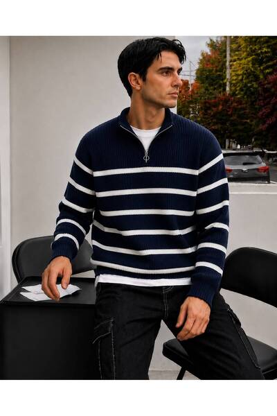 threeoff Men's Striped Knitwear Sweater Half Zipper Stand Collar Regular Fit ...