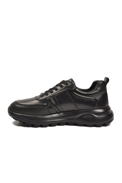 KOMCERO Black Genuine Leather Lace-Up Thick Soled Men's Casual Sneaker Shoes ...