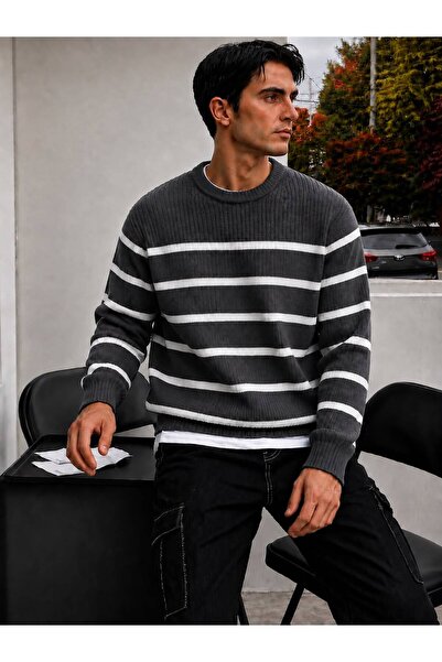 threeoff Men's Crew Neck Striped Knitwear Sweater Long Sleeve Oversize Casual...
