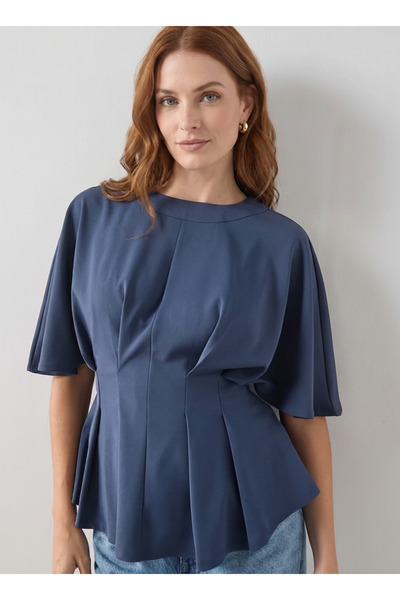 Merlot Navy Blue Short Sleeve Blouse with Pile Detail