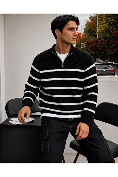 threeoff Men's Striped Knitwear Sweater Half Zipper Stand Collar Regular Fit ...