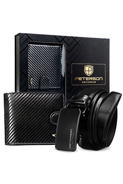 Peterson Set cadou portofel curea bărbătesc piele naturală negru