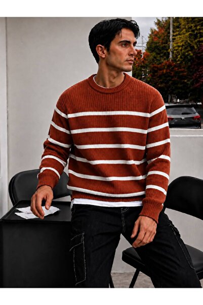 threeoff Men's Crew Neck Striped Knitwear Sweater Long Sleeve Oversize Casual...