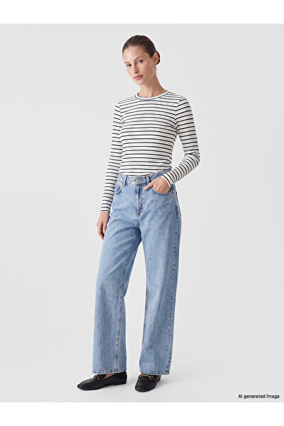 LC Waikiki Alita City Blue Denim Straight Baggy Fit High Waist Wide Leg Women...