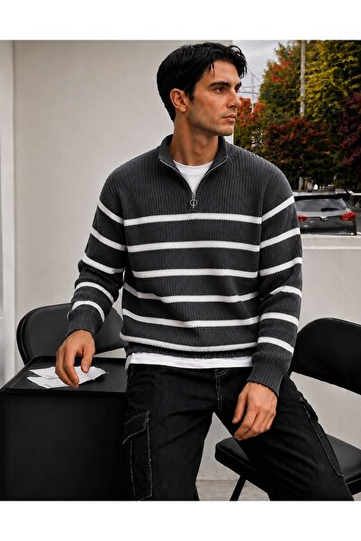threeoff Men's Striped Knitwear Sweater Half Zipper Stand Collar Regular Fit ...