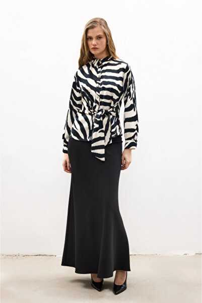 Touché Privé Cămașă cu imprimeu zebră și cordon în talie - Mâneci largi din s...
