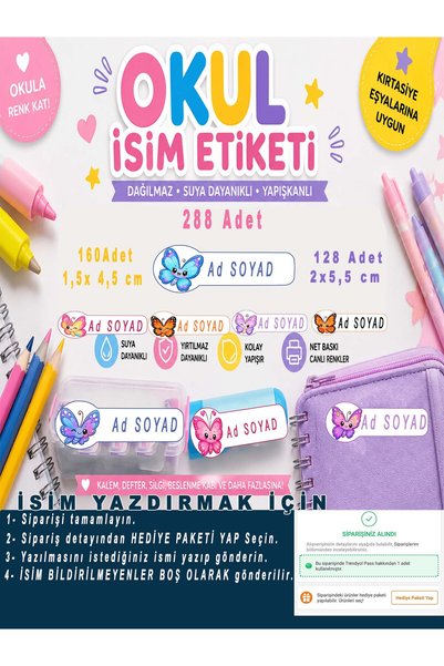 aiki Sevimli Renkli Kelebek Desenli, Okul Etiketi, Kalem ,Defter, Isim Yazılabilen etiket, 288 adet