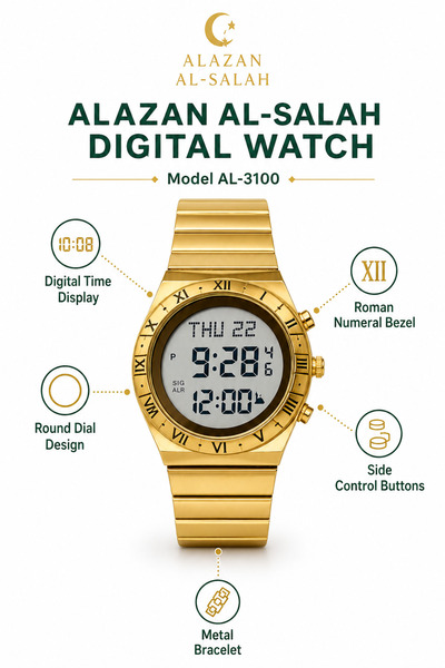 al azan watch ALAZAN AL-SALAH AL-3100 Digital Wrist Watch for Men – Gold-Tone...