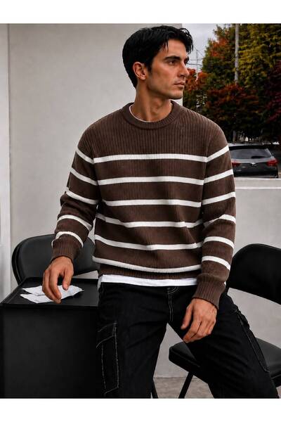 threeoff Men's Crew Neck Striped Knitwear Sweater Long Sleeve Oversize Casual...