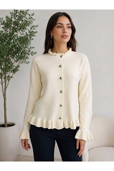 STF MODA Women's Ruffle Detailed Buttoned Knitwear Cardigan Long Sleeve Casua...