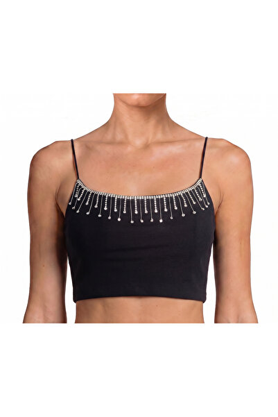Linea Noir Linéa Noir,Siyah Crop Parlak Taşlı Saçaklı Büstiyer