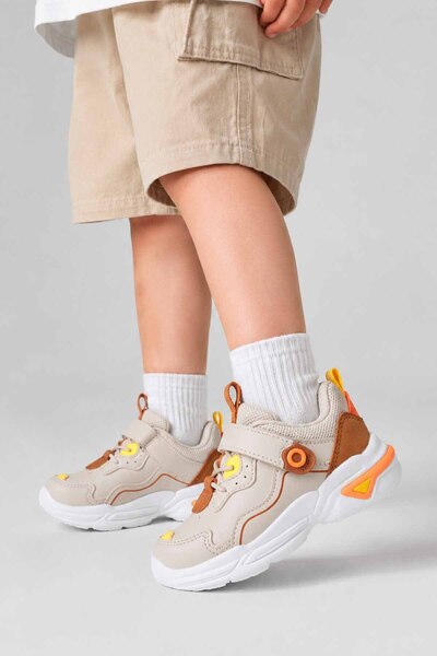 Vicco Unisex Kids Beige Sports Shoes Velcro Thick Soled Casual Sneaker V-2026