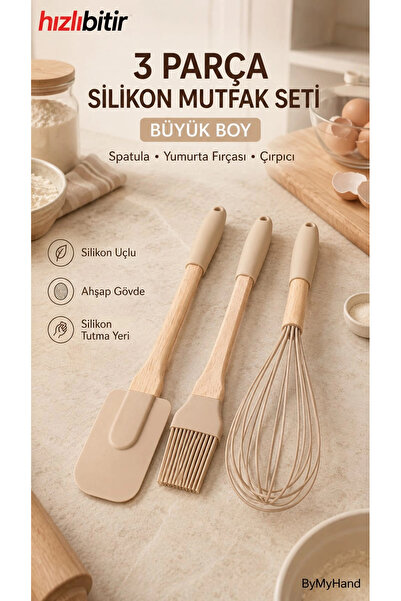 ByMyHand Ahşap Saplı Slikon Uçlu Mutfak ve Pasta Yapım Hazırlık 3'lü Set