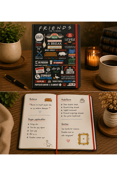 Bymiel Friends Temalı Sert Kapaklı Lastikli Defter – Düz İç Sayfa, Not ve Gün...