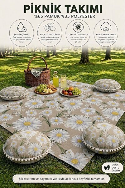 Rona Home Piknik Örtüsü Takımı Papatya Desenli Sıvı Geçirmez Leke Tutmaz 4 Mi...