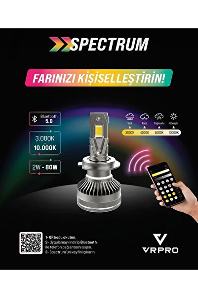 Genel Markalar Spectrum H7 LED Far Ampulü 12-24V Telefondan Uygulama Kontroll...