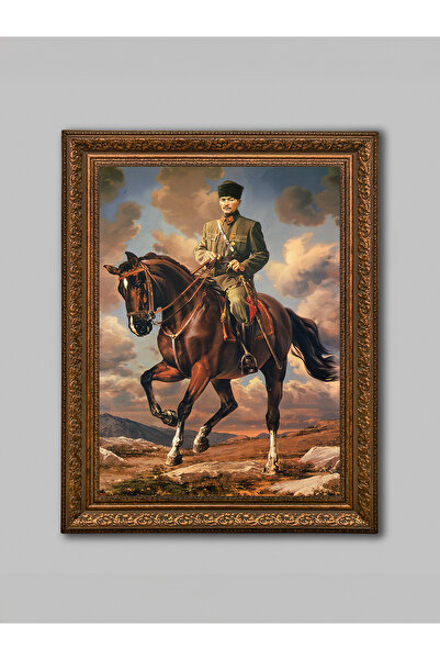 WoodyArts Ataturk and His Horse Brown Antique Framed Decorative Living Room W...