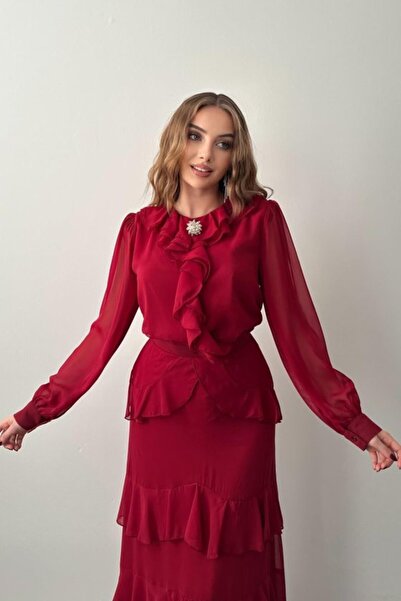 Elbee Fashion Woman Burgundy Ruffled Skirt Chiffon Suit