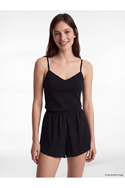 LC Waikiki Lcw Dream Black Women's Embroidered Beach Shorts with Elastic Waist