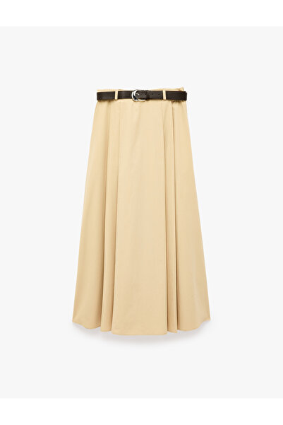 Koton Belted Loose-Fit Cotton Poplin Flared Skirt with Side Pocket Detail