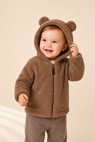 LİLİYUM Baby Unisex Teddy Bear Ears Hooded Plush Cardigan Zipper Soft Texture...