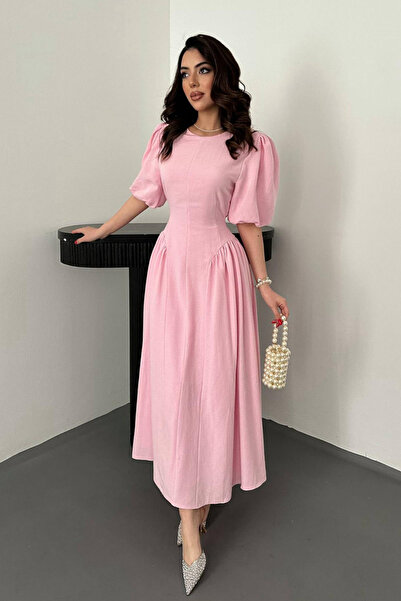 SEREMONİ BUTİK Women's pink back-tie smocked linen dress