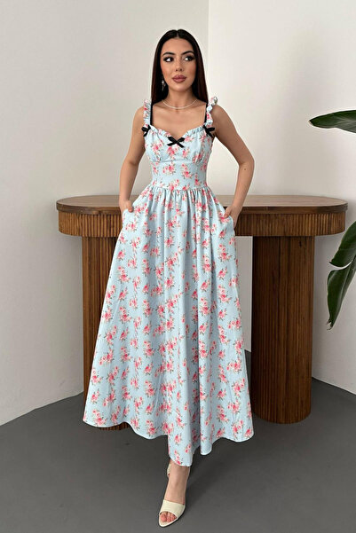SEREMONİ BUTİK Women's Baby Blue Floral Dress with Bow on the Front
