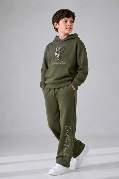Riccotarz Erkek Çocuk Önü ve Arkası Kurt Çizim Baskılı Kapüşonlu Sweatshirt Yeşil Eşofman Takım