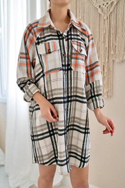SEREMONİ BUTİK Orange Lumberjack Shirt Dress