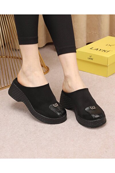 layki Fior Black Women's Wedge Sole Sabo Slippers