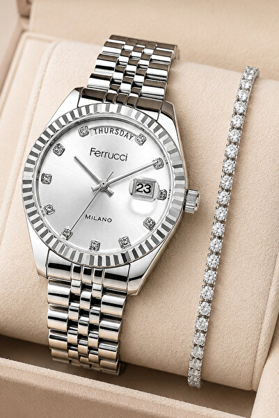 Ferrucci Steel Case&Band Women Wrist Watch Bracelet Gift Silver Color Zmfer218