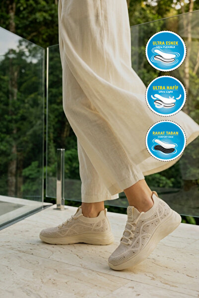 Ewoll Beige Anorak Stone Detailed Lace-Up Comfortable Sole Women's Casual Sho...