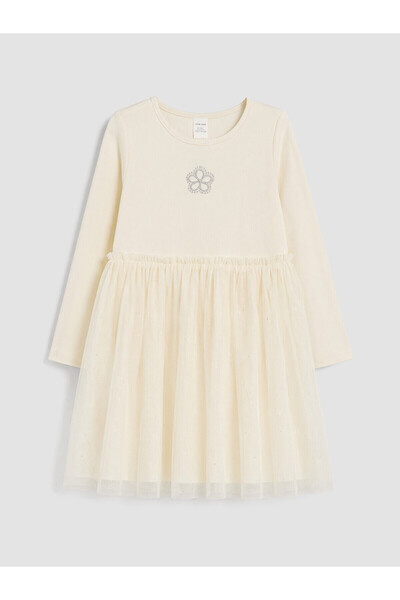 LC Waikiki Lcw Kids Ecru Stone Embroidered Crew Neck Tulle Detailed Girls' Dress
