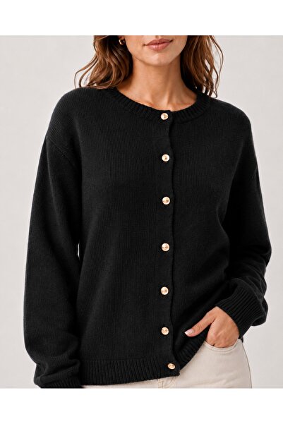 Bracha Crew Neck Gold Button Detailed Basic Knitwear Cardigan