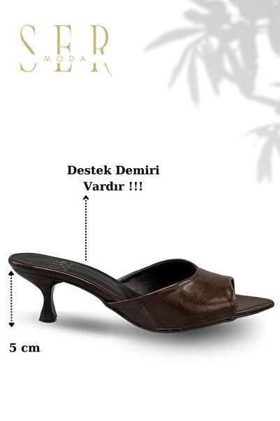 sermoda Heeled Women's Slippers - 5 cm Thin Heeled Women's Slippers Brown Yanki