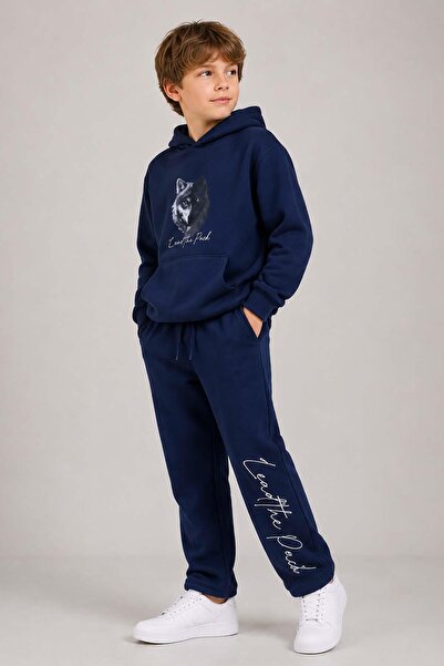 Riccotarz Erkek Çocuk Önü ve Arkası Kurt Çizim Baskılı Kapüşonlu Sweatshirt Lacivert Eşofman Takım
