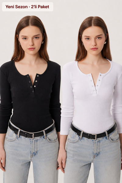 Lovelyİstanbul 2-Pack Snap Fastener Ribbed Knitted Blouse Lrn0061 Black White