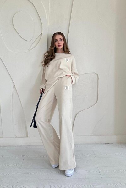 SEREMONİ BUTİK Beige Classic Corduroy Sweater and Trousers Set