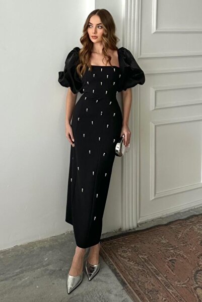 SEREMONİ BUTİK Black Sleeve Paneled Dress with Processing Detail