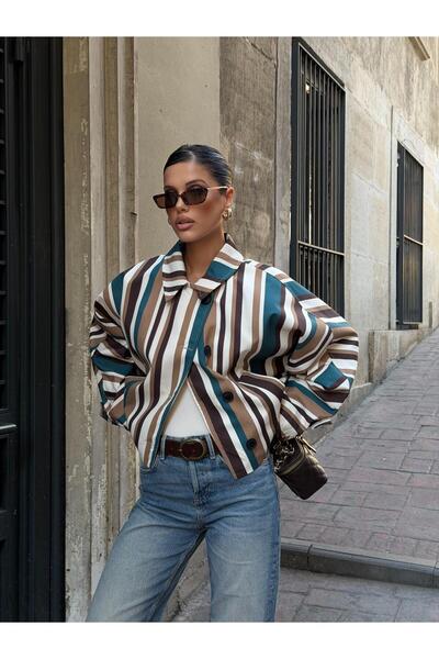 timagna Jachetă crop oversize cu dungi pentru femei, cu guler tip cămașă, cu ...