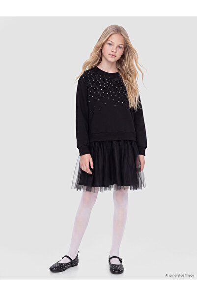 LC Waikiki Alita City Black Stone Embroidered Tulle Detailed Girls' Dress