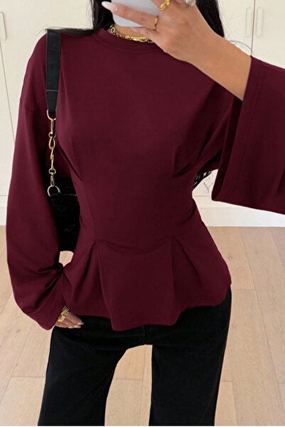 Tarz Cool Women's Pilet Waist Fitted Peplum Detailed Long Sleeve Blouse