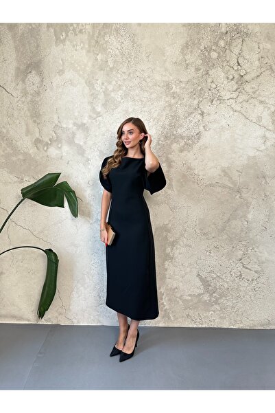 Elbee Fashion Woman Black Long Atlas Dress